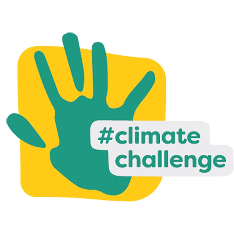 Logo der Climate Challenge mit grüner Hand auf gelbem Hintergrund.